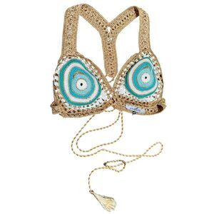 MYBEACHYSIDE Teal and Gold Crochet Bikini Top - Size S - NWT